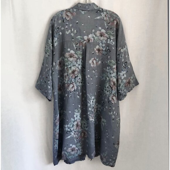 Italian Blue Floral Linen Duster Jacket Button  Front Size XL-1X - Picture 5 of 8